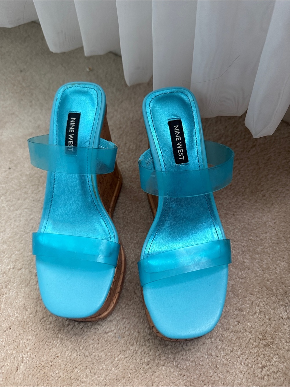 Nine West Turquoise Blue Clear-Strap Wedge Sandals